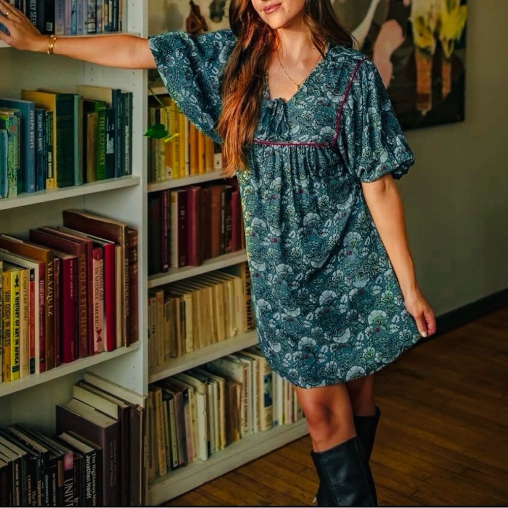 Band of The Free Mallory Teal Floral Babydoll Mini Dress Size Medium